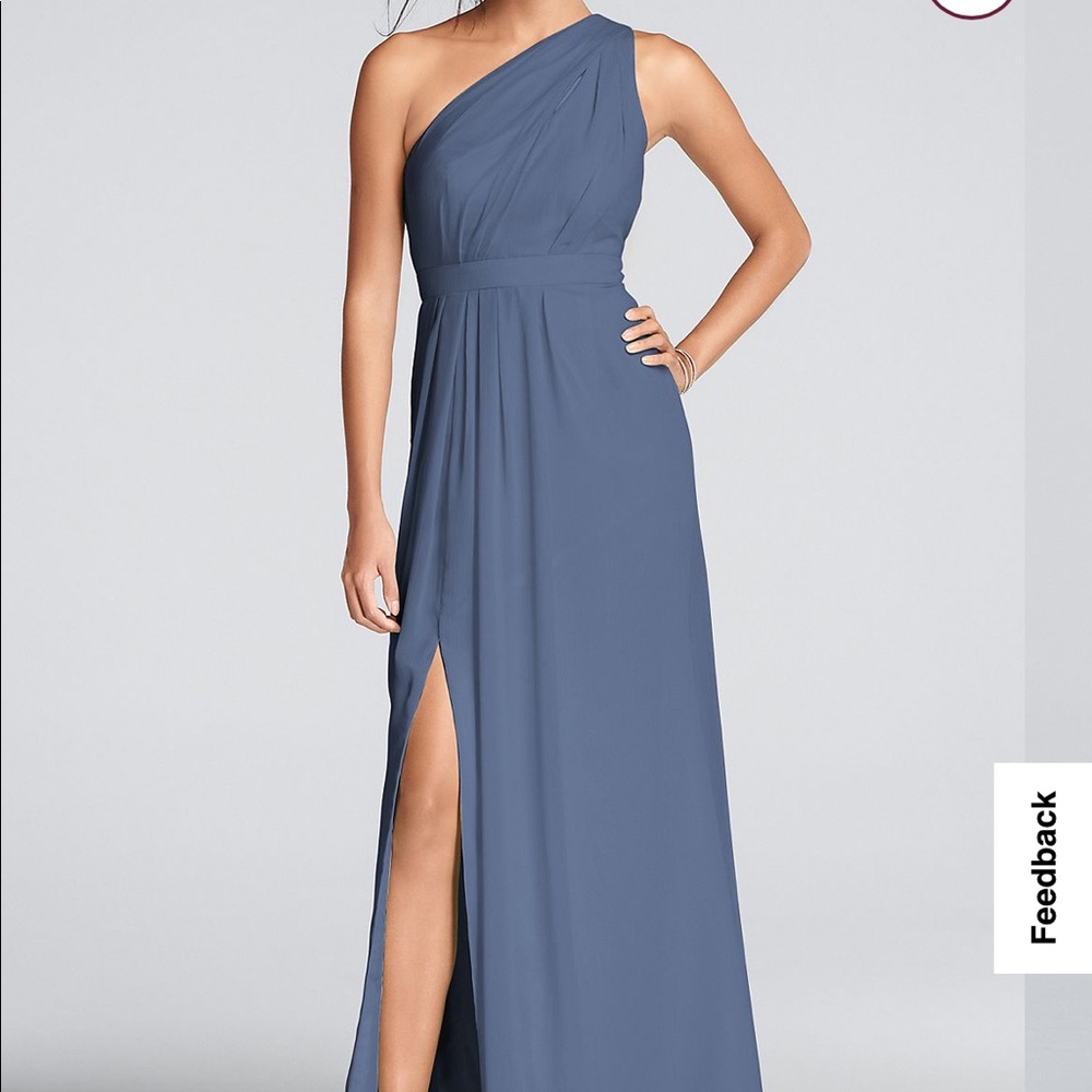 One Shoulder Bridesmaid Dress- Long With Slit (Steel Blue- Chiffon)